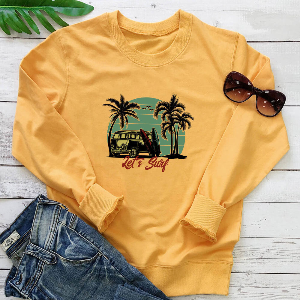 Bus colored printed loose round neck sweatshirt